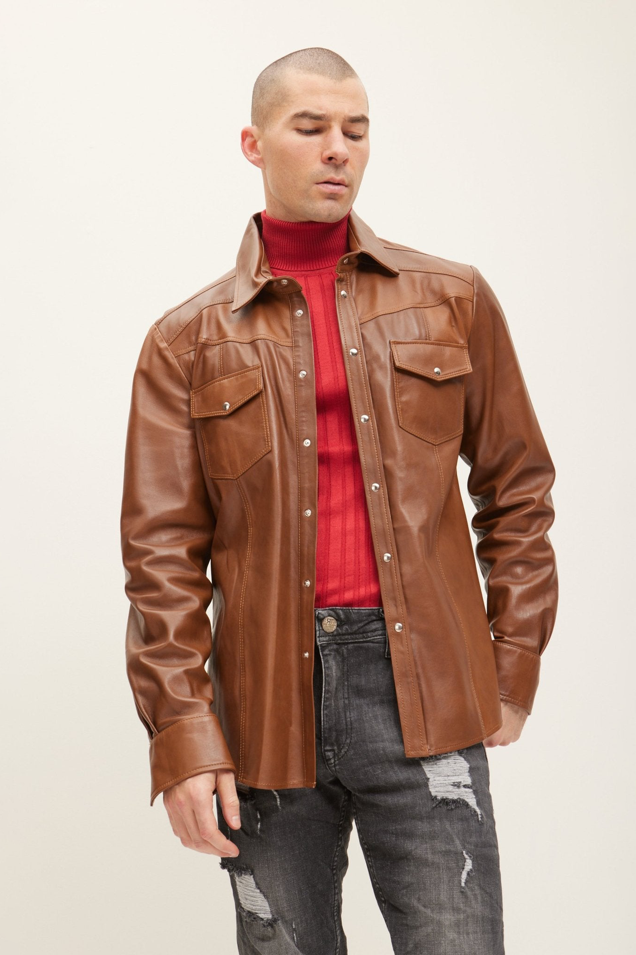 Leather Shirt Brown Premium