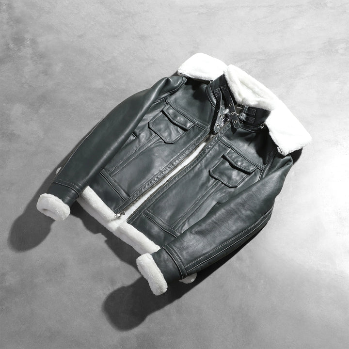 Hooded Shearling Leather Jacket Dark Olive Green Premium - Image 7