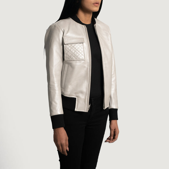 Leather Bomber Jacket Pearl White | Premium - Image 3