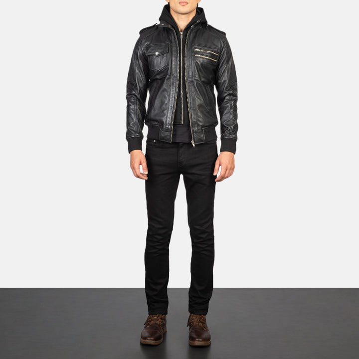 Leather Bomber Jacket Hooded Black Phantom - Image 4