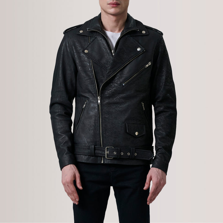 Motorbike Leather Jacket Charcoal Granite Asymmetric Belted Moto