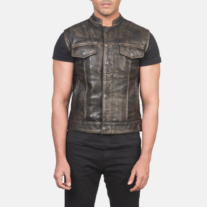 Leather Vest Smoked Bourbon Weathered Cut