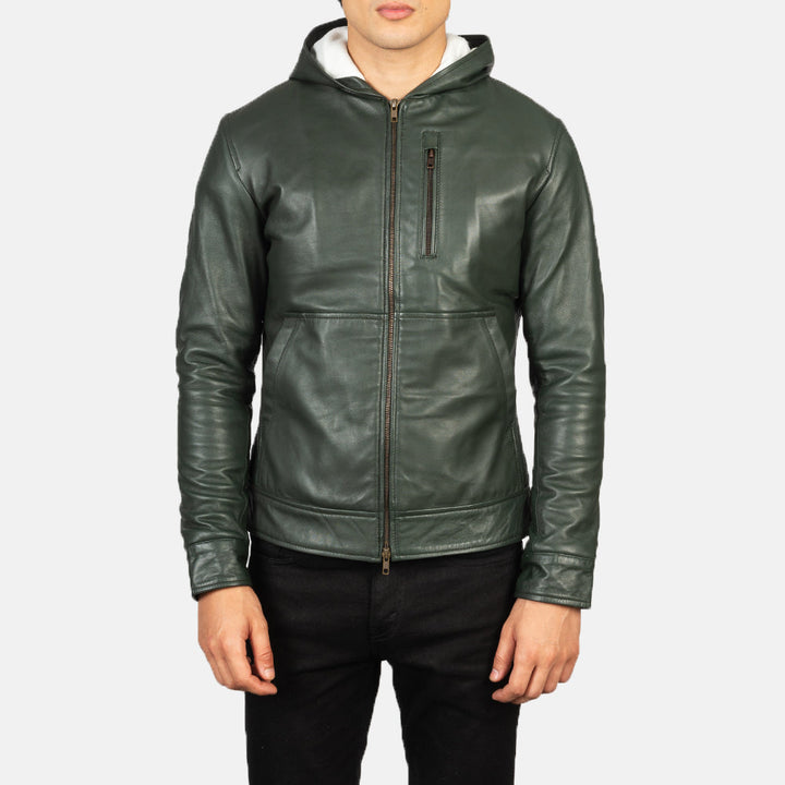 Hooded Leather Jacket Forest Shadow Moto