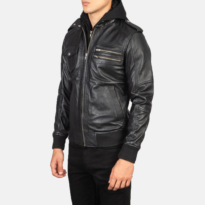 Leather Bomber Jacket Hooded Black Phantom - Image 3