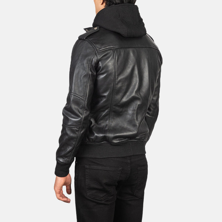 Leather Bomber Jacket Hooded Black Phantom - Image 6