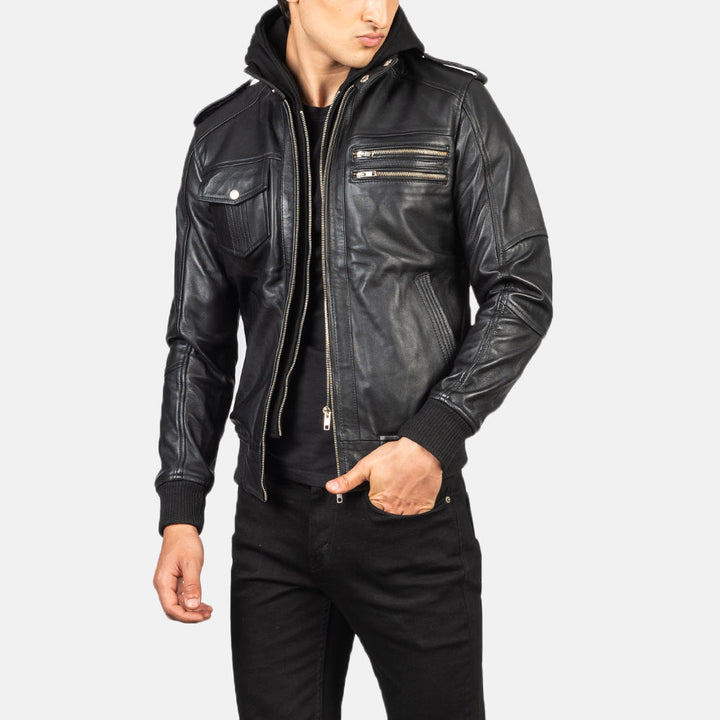 Leather Bomber Jacket Hooded Black Phantom - Image 7