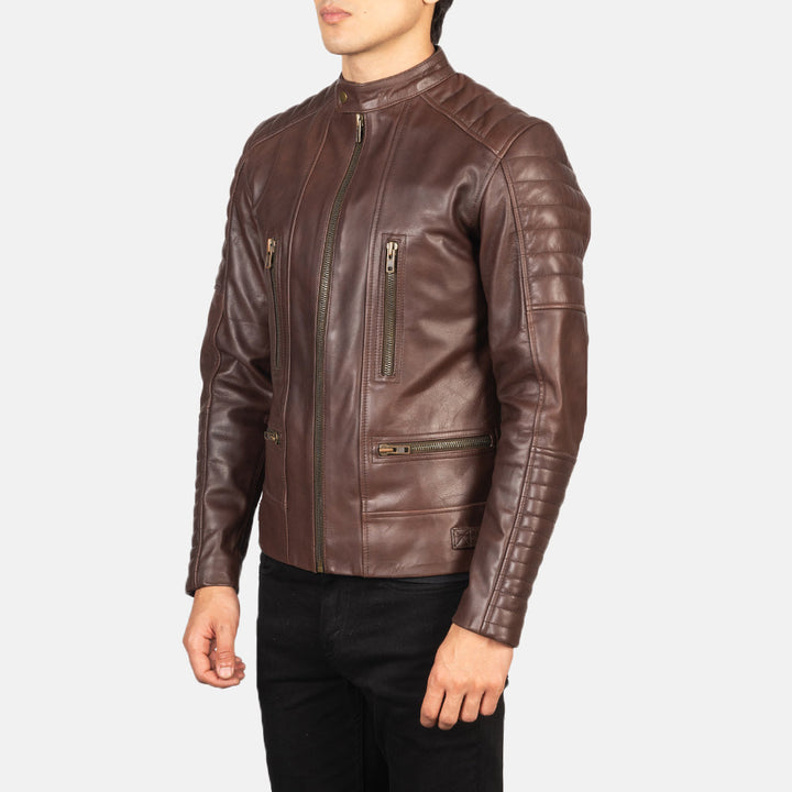 Motorbike Leather Jacket Espresso Meridian Vertical-Zip Biker - Image 3