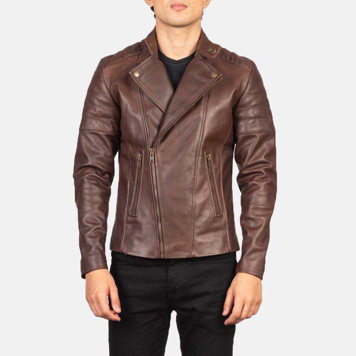 Motorbike Leather Jacket Chestnut Asymmetric Ridge-Sleeve Moto