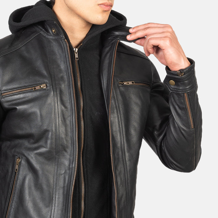 Motorbike Leather Jacket HECTOR BLACK HOODED - Image 7