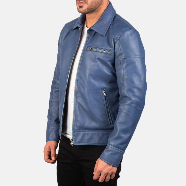 Motorbike Leather Jacket Slate Cobalt Fold-Collar Cruiser - Image 3