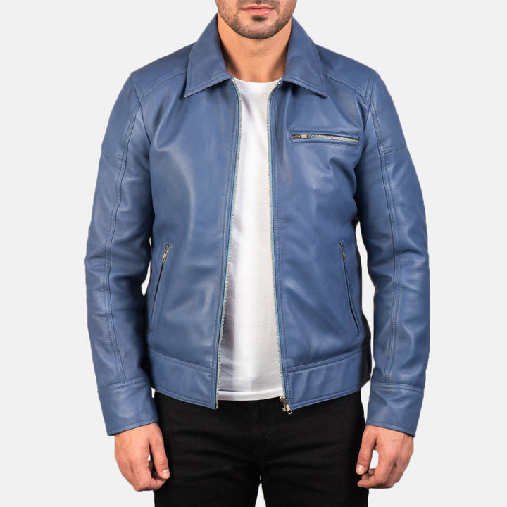Motorbike Leather Jacket Slate Cobalt Fold-Collar Cruiser - Image 4