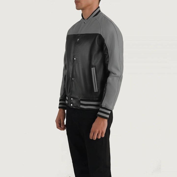 Varsity Leather Jacket Charcoal Shadow Colorblock - Image 2