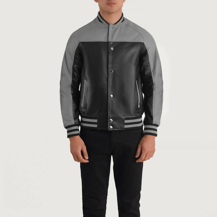 Varsity Leather Jacket Charcoal Shadow Colorblock
