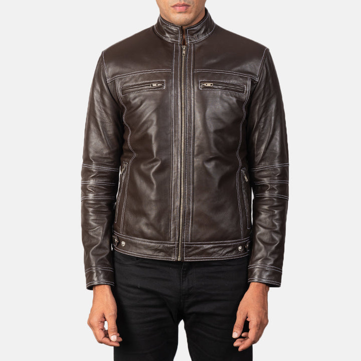 Motorbike Leather Jacket Espresso Accent-Stitch Racer - Image 4