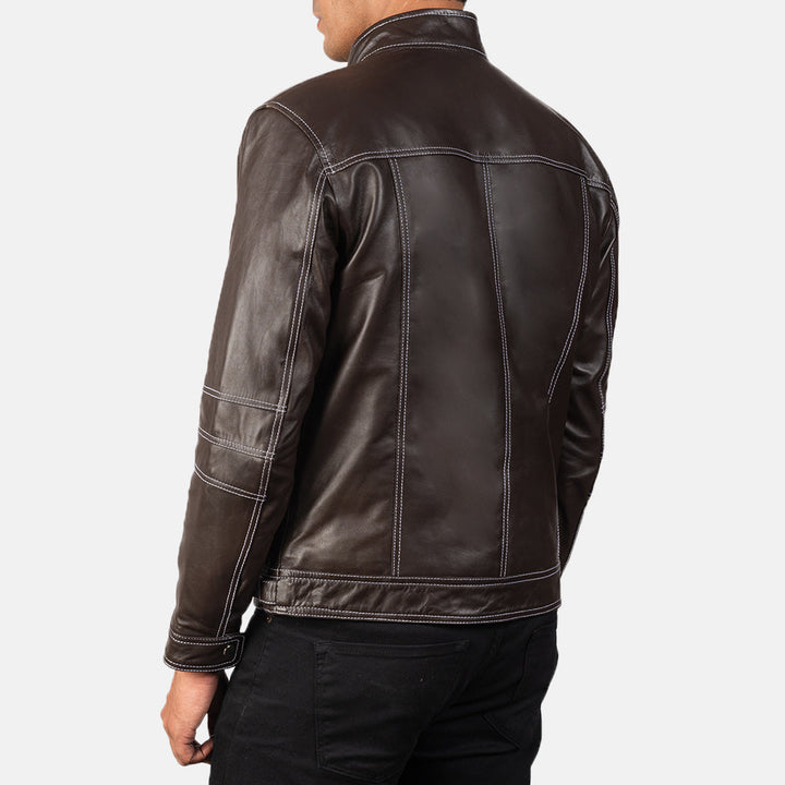 Motorbike Leather Jacket Espresso Accent-Stitch Racer - Image 3