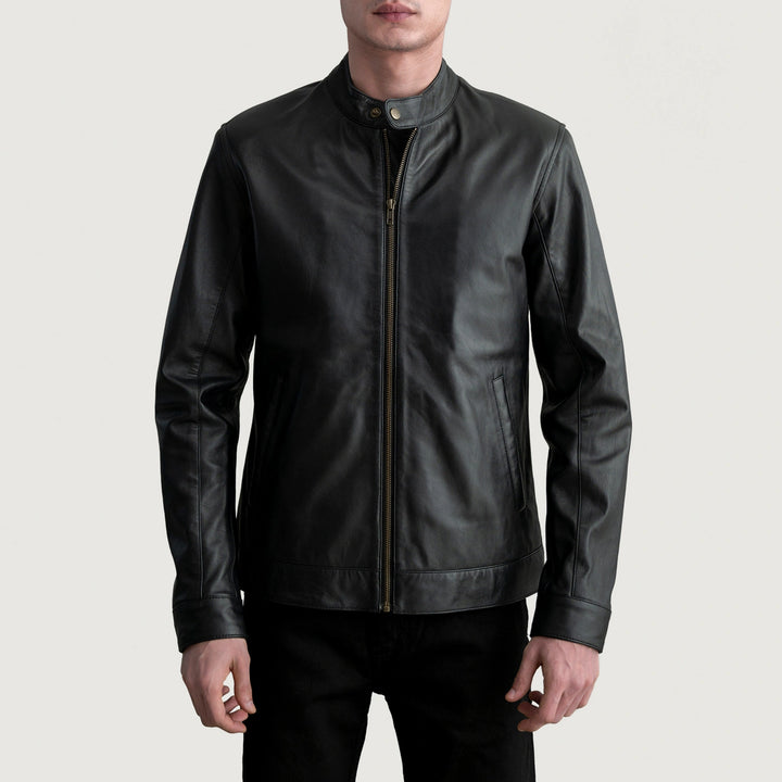 Motorbike Leather Jacket Stealth Monolith Band-Collar Rider