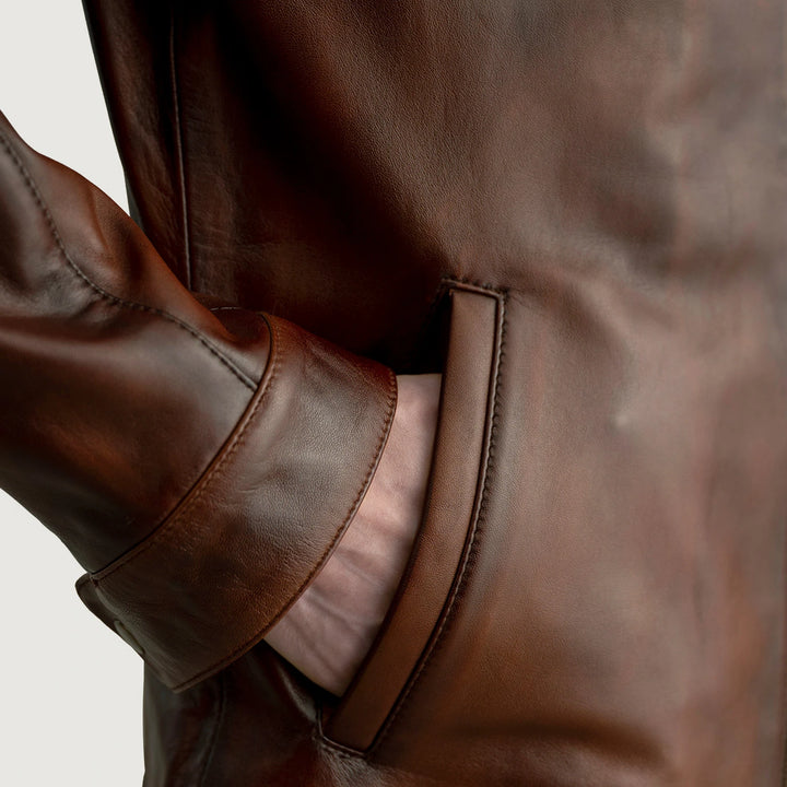 Motorbike Leather Jacket Aged Bourbon Seamless Band-Collar Racer - Image 6
