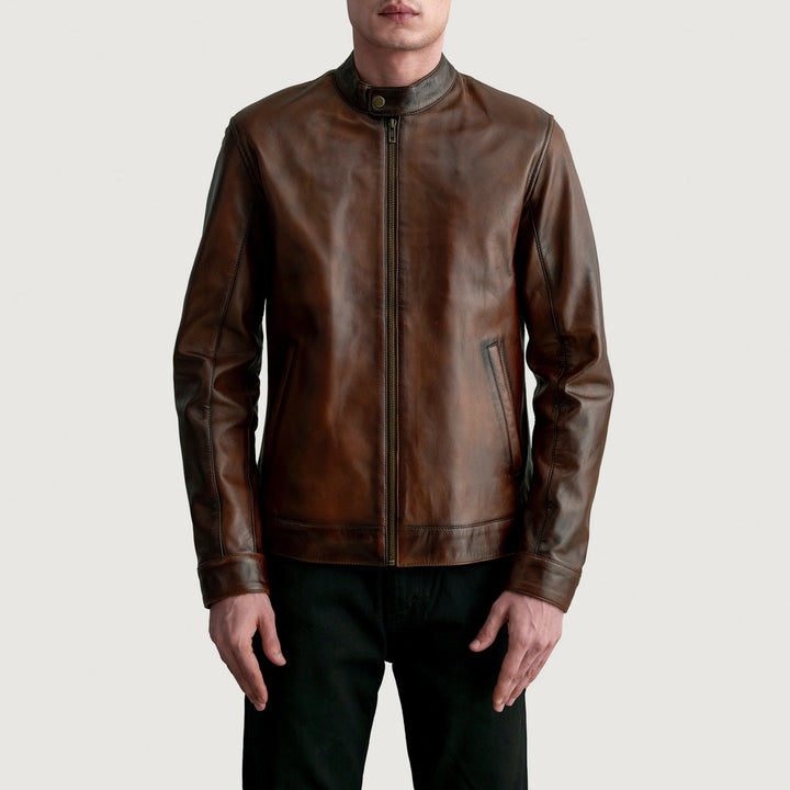 Motorbike Leather Jacket Aged Bourbon Seamless Band-Collar Racer