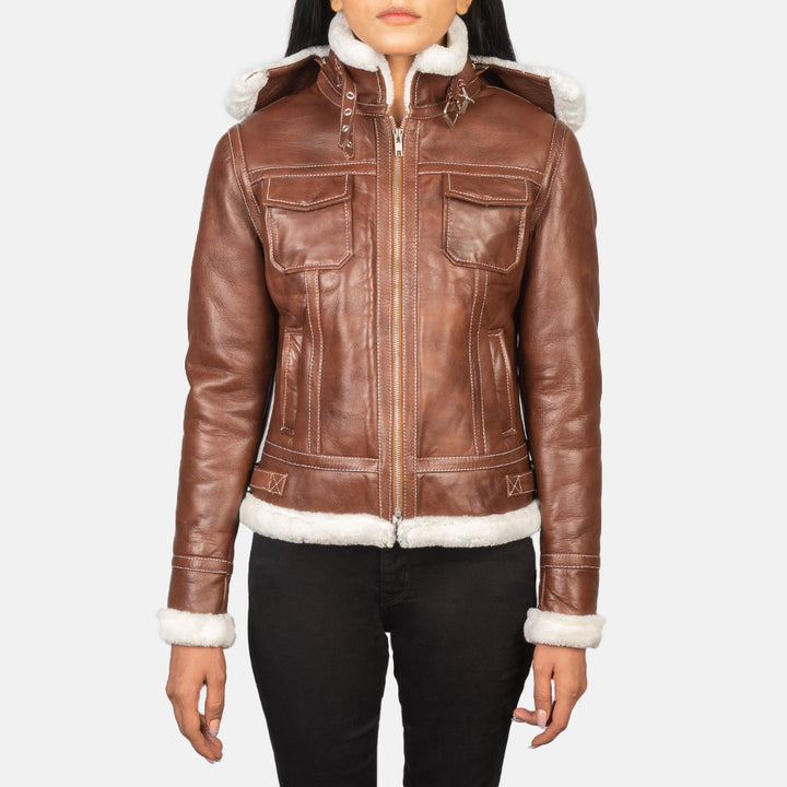 Shearling Leather Jacket Cognac Brown Premium