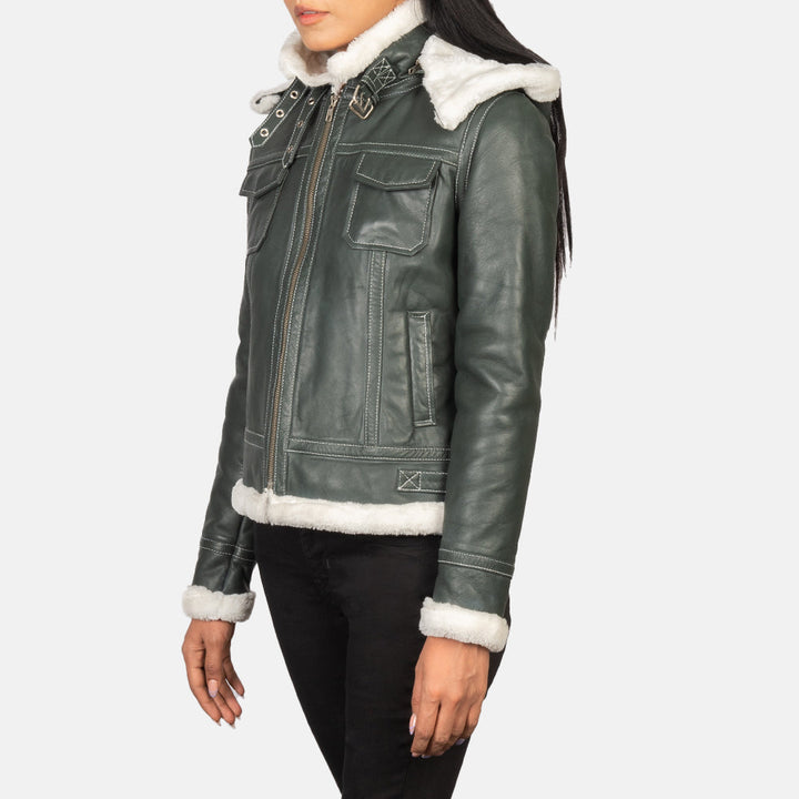 Hooded Shearling Leather Jacket Dark Olive Green Premium - Image 2