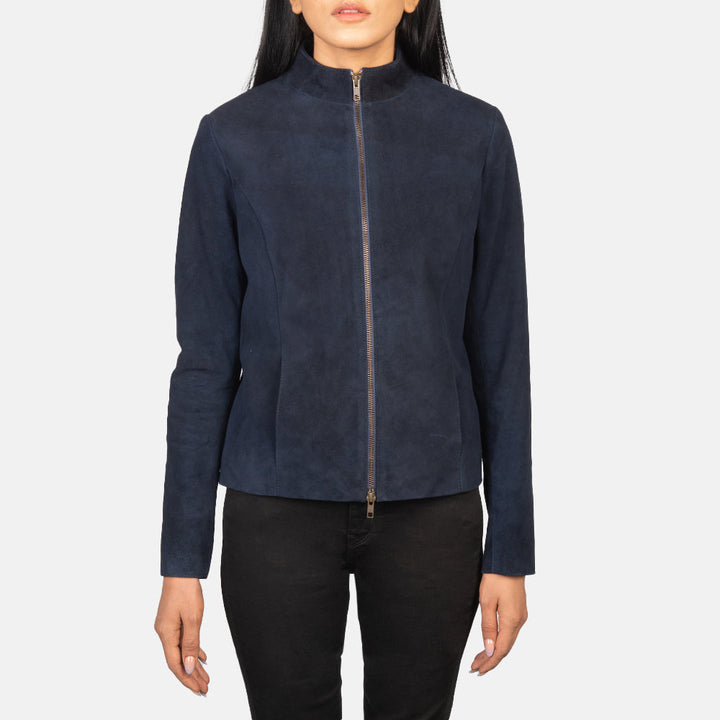 Suede Jacket Navy Minimal Zip | Premium