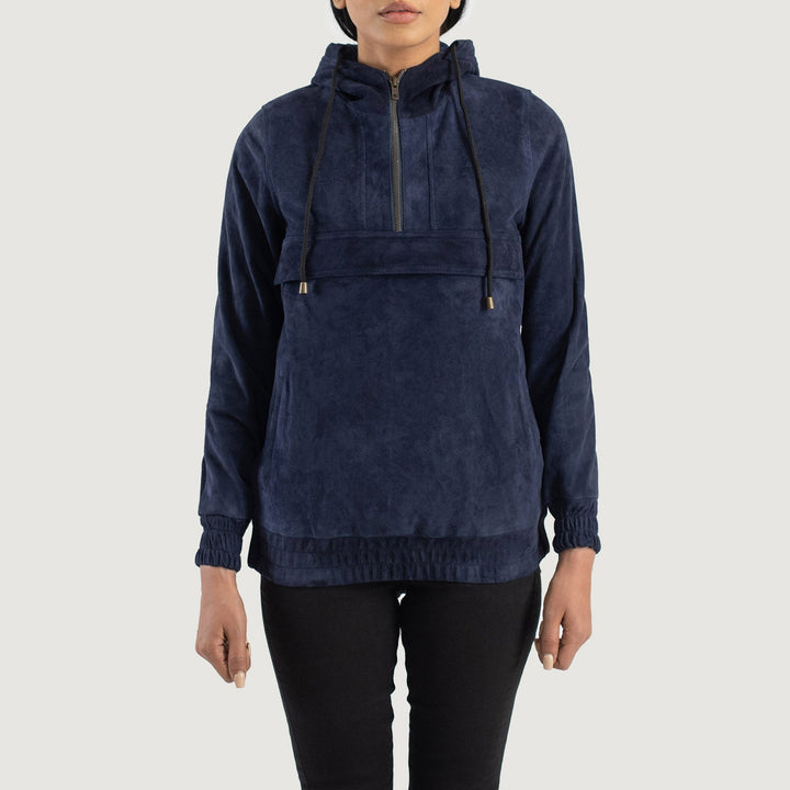 Women’s Hooded Suede Pullover Jacket Navy Blue | Premium