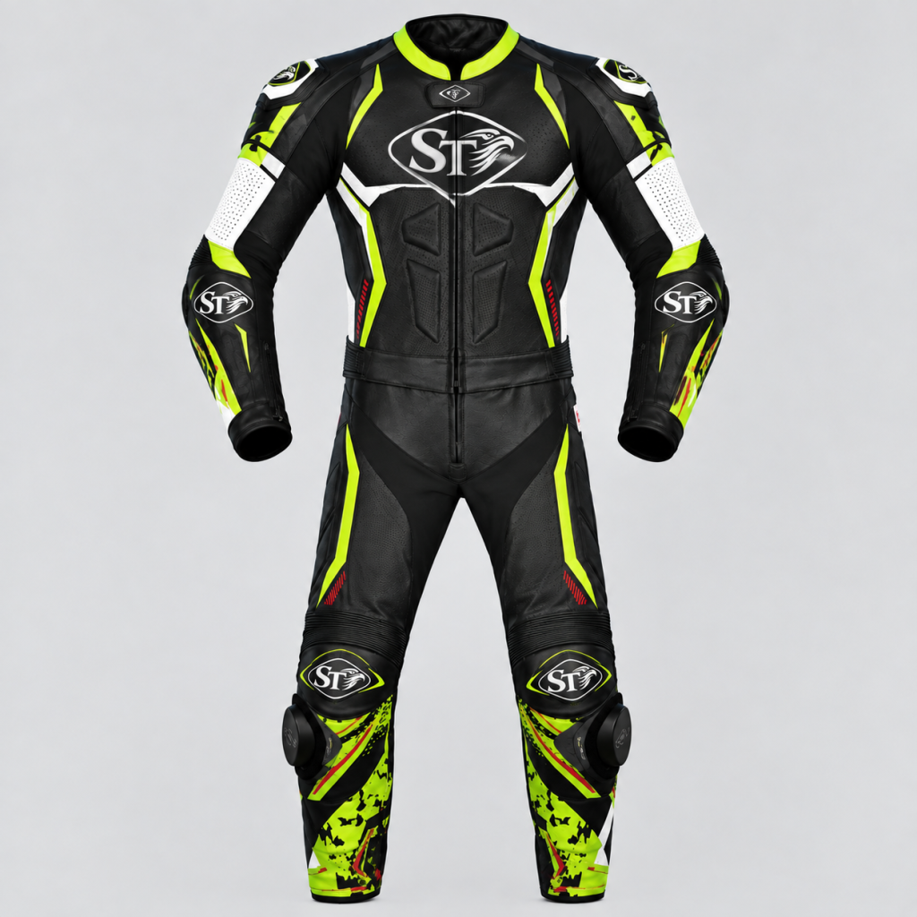 Motorbike Leather Racing Suits – Black, Neon Yellow & White | Premium Quality