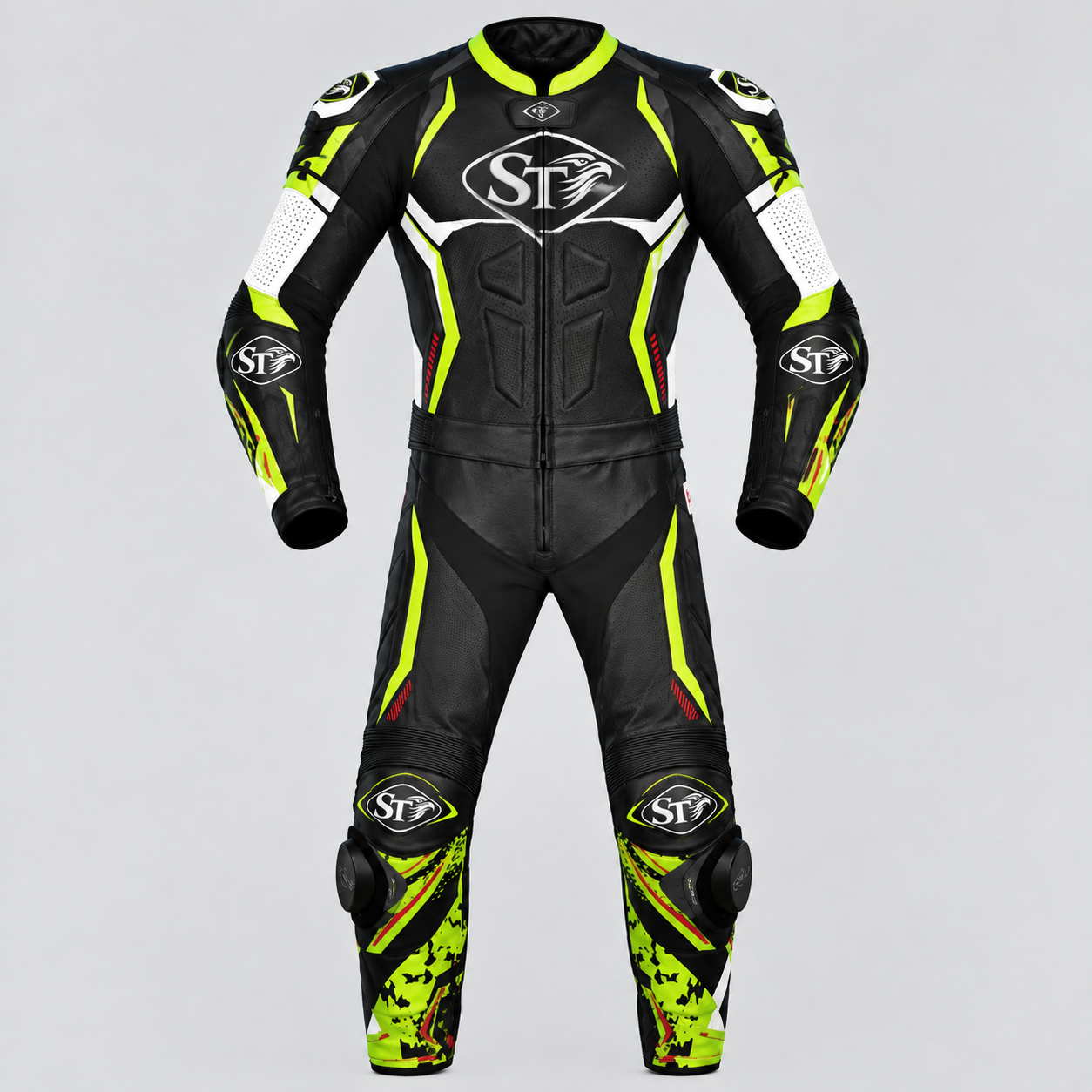 Motorbike Leather Racing Suits – Black, Neon Yellow & White | Premium Quality