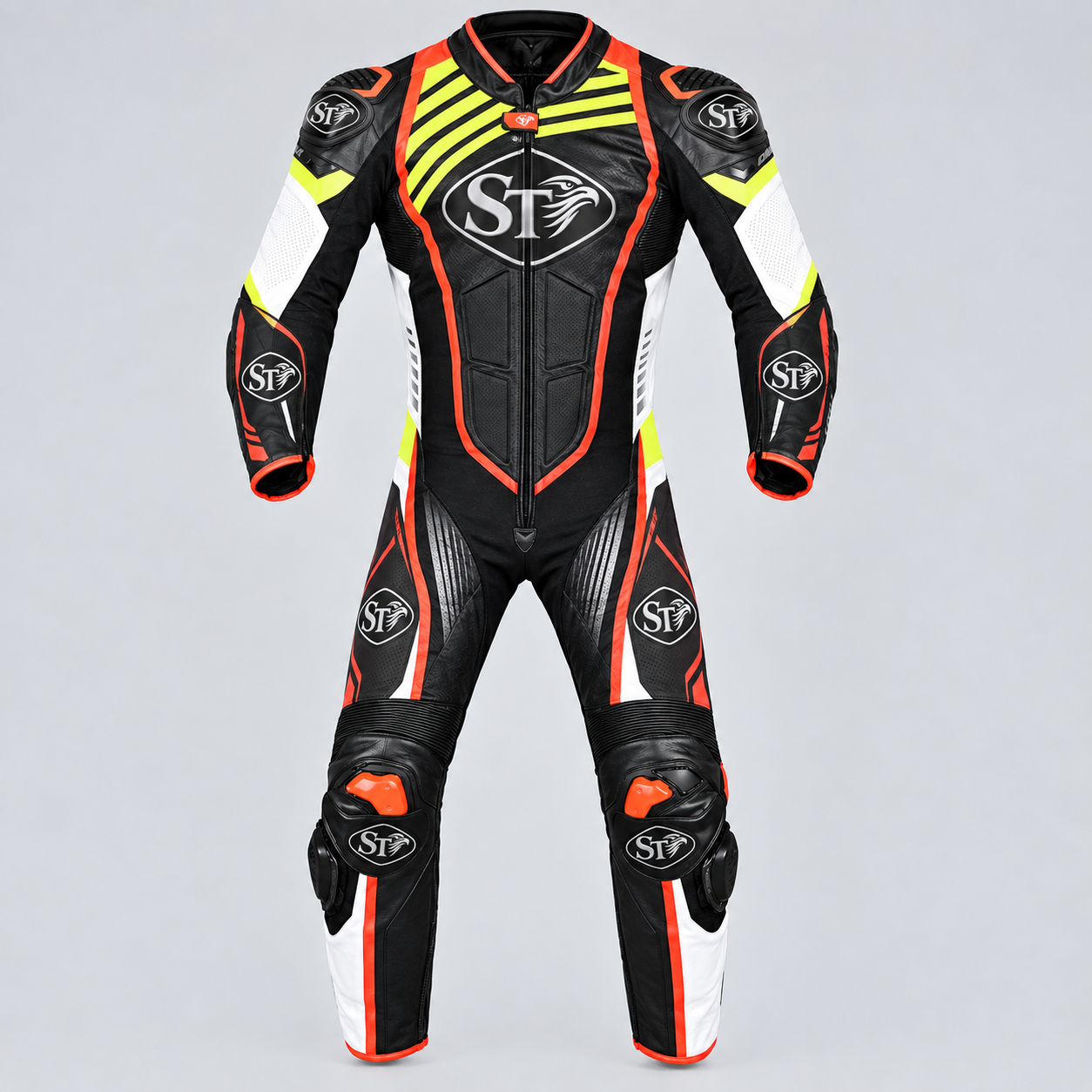 Motorbike Leather Racing Suits – Black, Orange & Neon Yellow