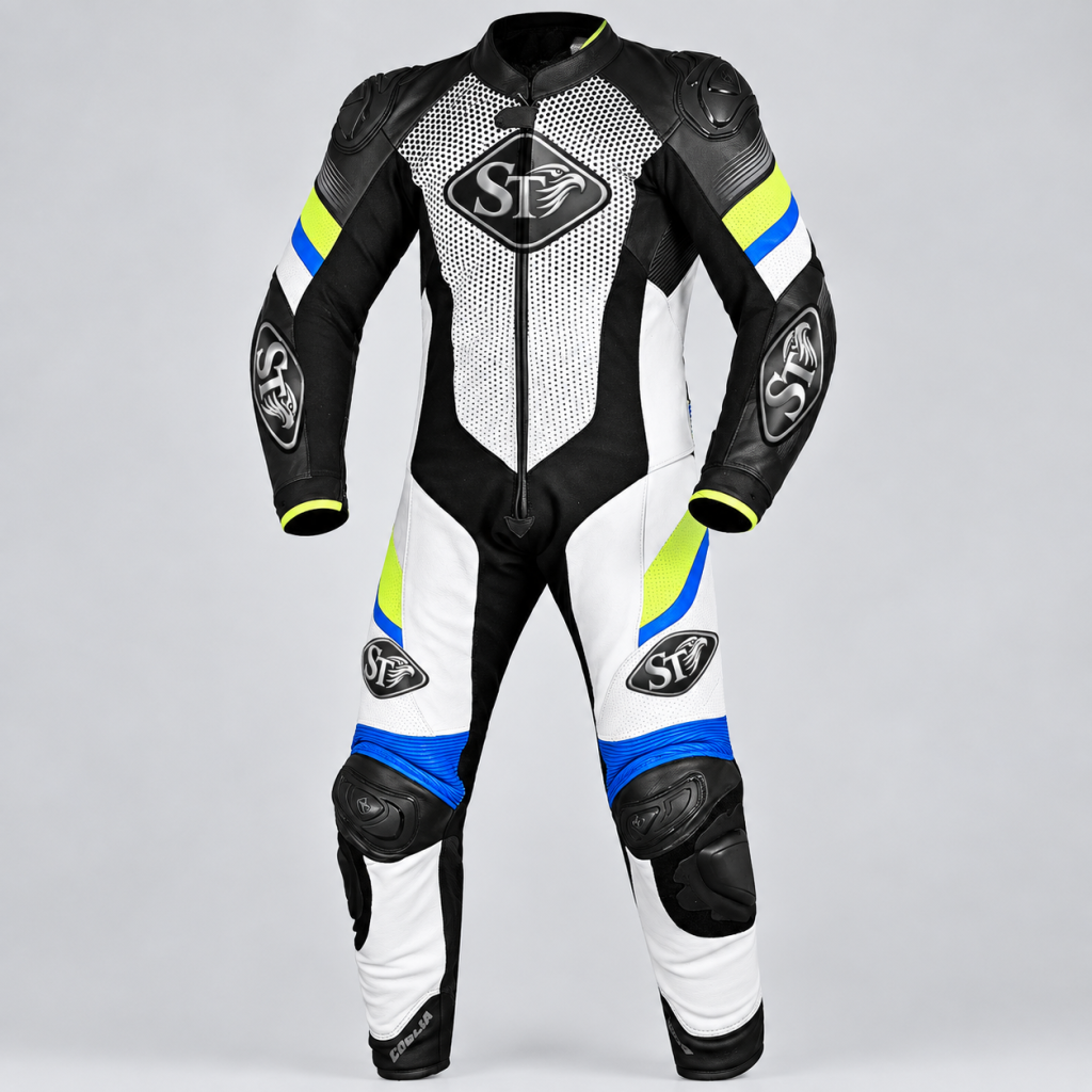 Motorbike Leather Racing Suits – Black, White & Blue